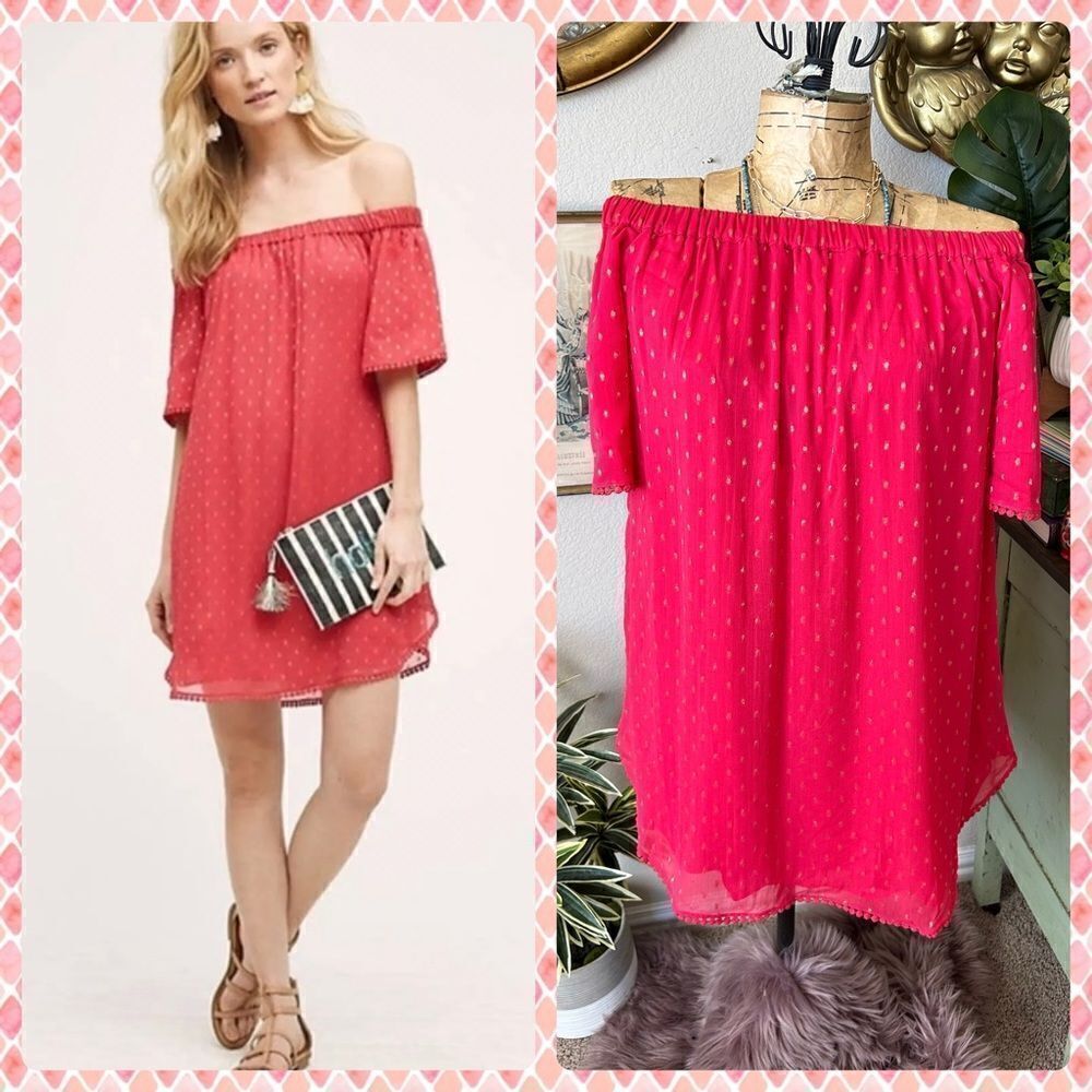 Anthropologie Try B Andorra Off-Shoulder Mini Dress‎ Sz S Hot Pink Gold As Is